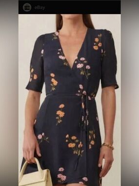 Reformation Navy  Lucky Floral Wrap Dress